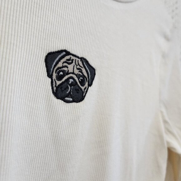 Wild Fable Pug Dog Ribbed Embroidered White Long Sleeve Crop Top Size Medium - Picture 9 of 13